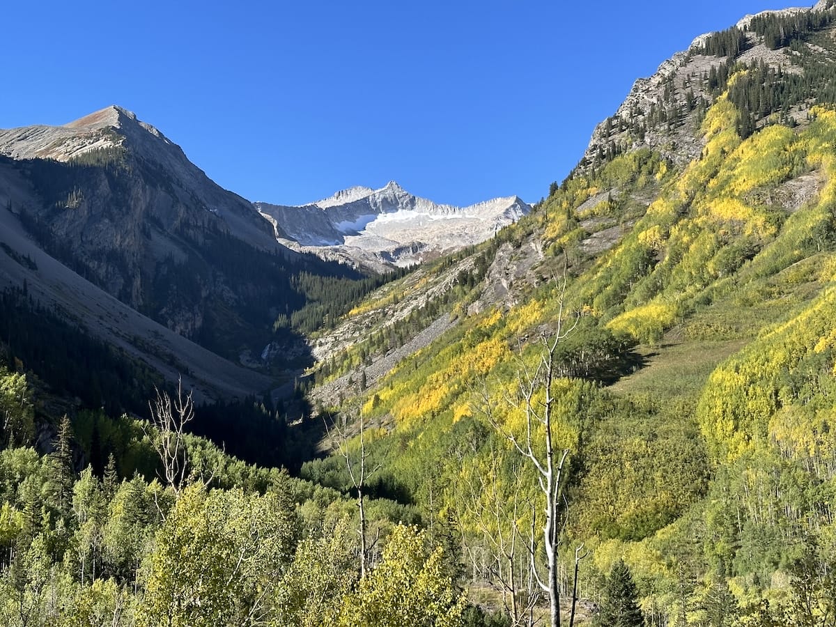 Snowmass Mountain valley with Aspen foliage, peak, and clear blue sky.
