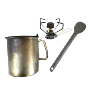 Snowpeak Gigapower 2.0 backpacking stove with 700ml titanium pot and long handled titanium spoon.