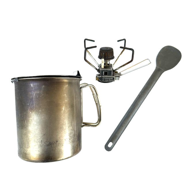 Snowpeak Gigapower 2.0 backpacking stove with 700ml titanium pot and long handled titanium spoon.