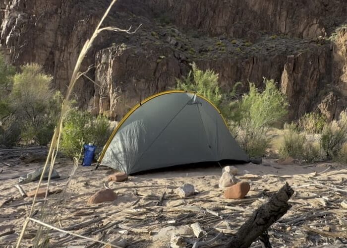 Tarptent Rainbow ultralight backpacking tent setup next to the Colorado river in Grand Canyon National Park.