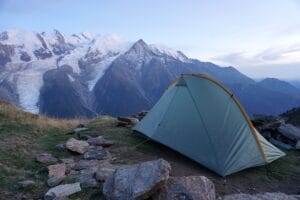 Tarptent Rainbow setup up at camp overlooking glaciated Mont Blanc.