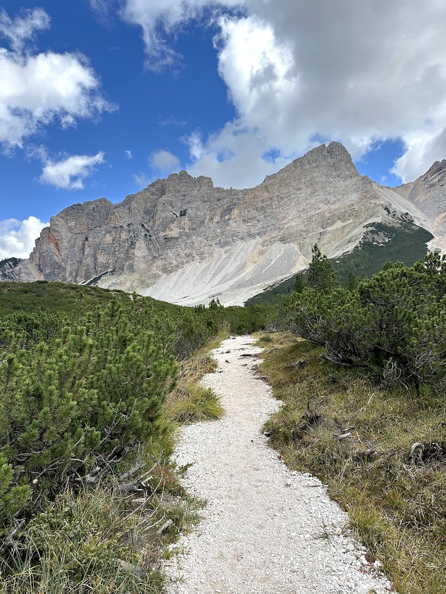 White gravel trail and Dolomite cliffs Alta Via 1