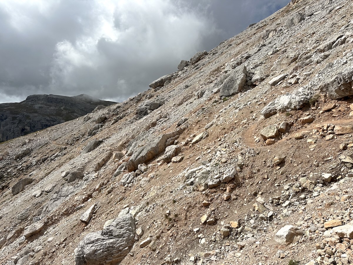 Steep scree slope along Alta Via 1 Dolomites
