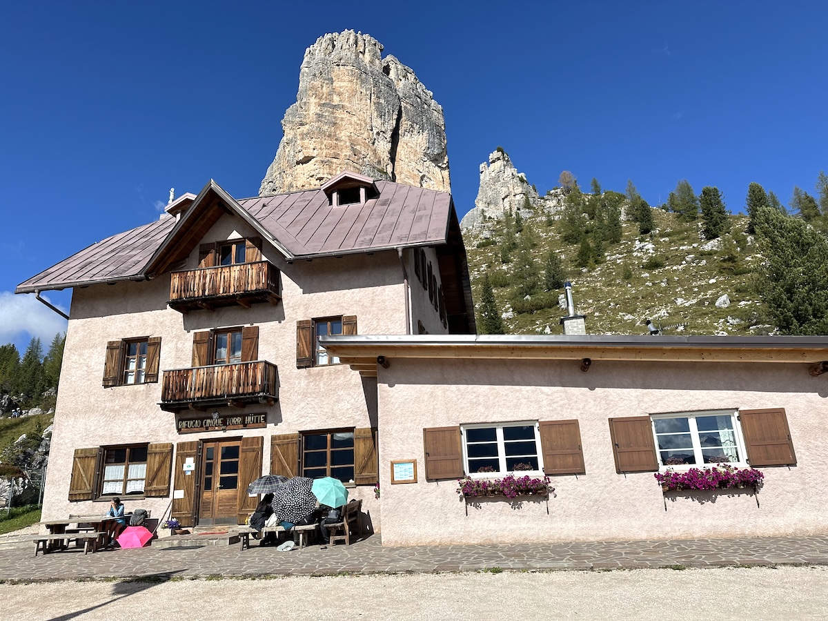 Rifugio Cinque Torri beneath rock towers