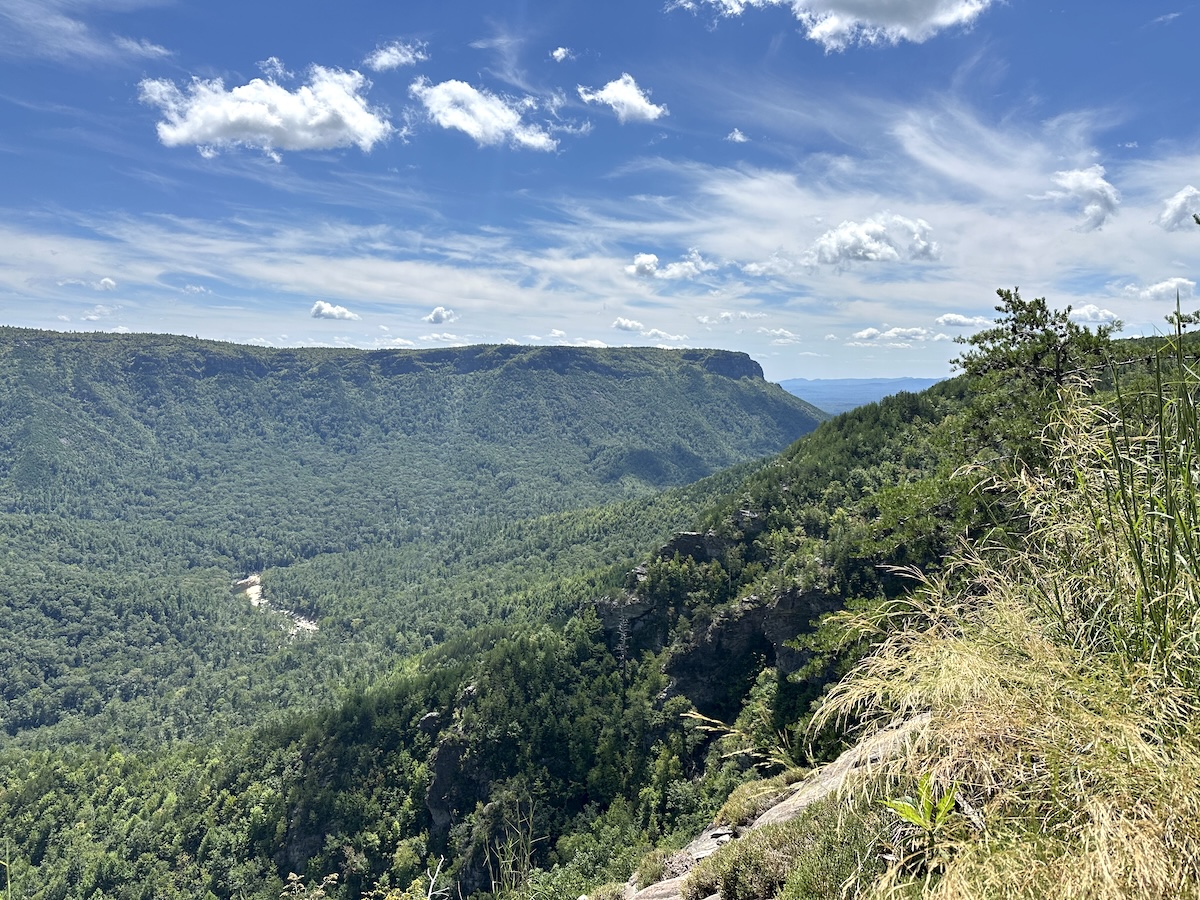 Wide view over forested gorge toward a flat-topped Shortoff Mountain with the river faintly visible below.