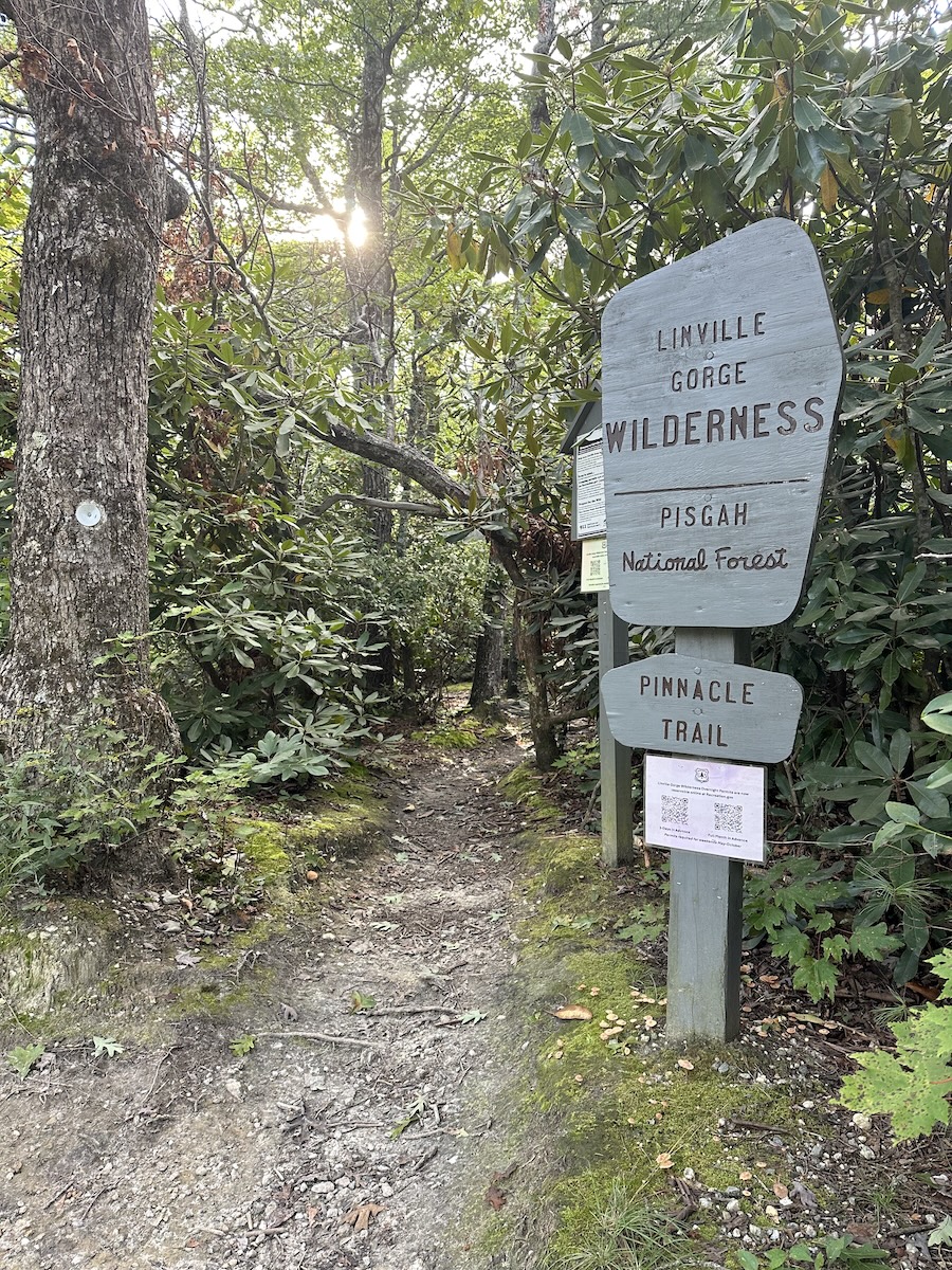 Wooden Linville Gorge Wilderness sign at the Pinnacle Trailhead in Pisgah National Forest.