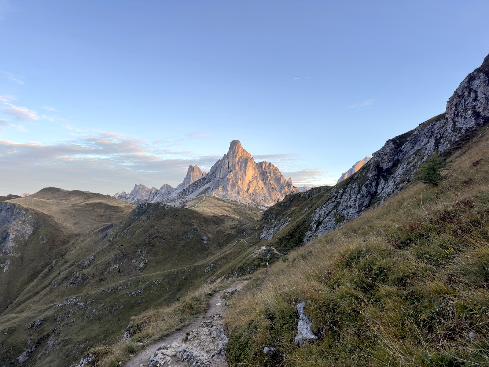A view from afar of Passo Giau along the Alta Via 1 in the Italian Dolomites.