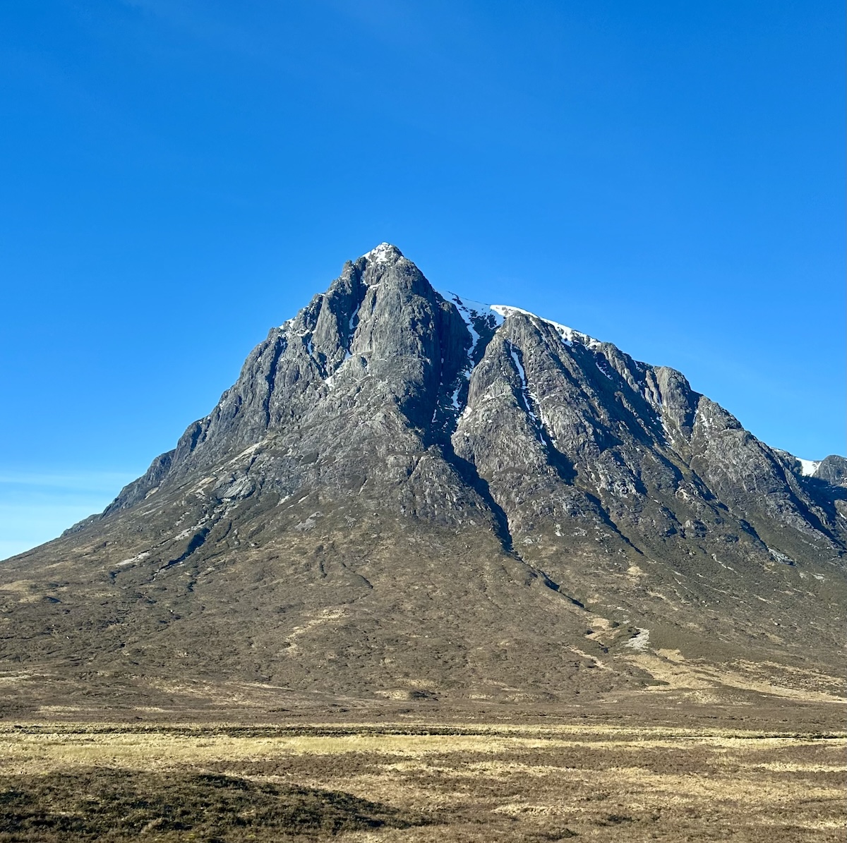 Buachaille Etive Mòr rising above the golden moorland of Rannoch Moor on a clear winter day, Glencoe, Scotland