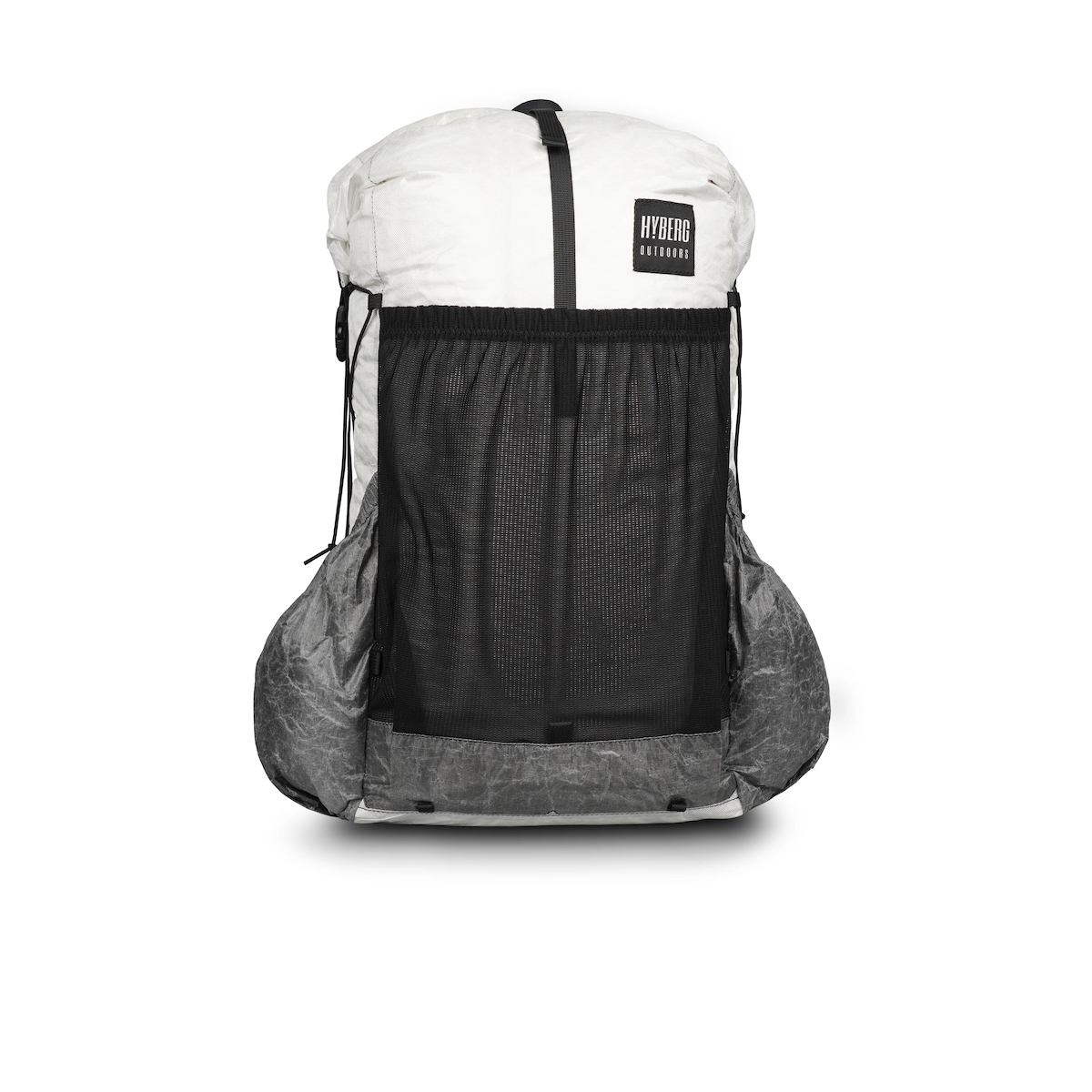 Hyberg Bandit Lite Aluula ultralight backpack front view showing mesh pocket and rolltop closure