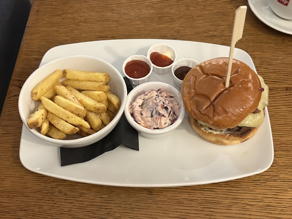 Burger with chips and coleslaw at Beinglas Campsite restaurant on the West Highland Way