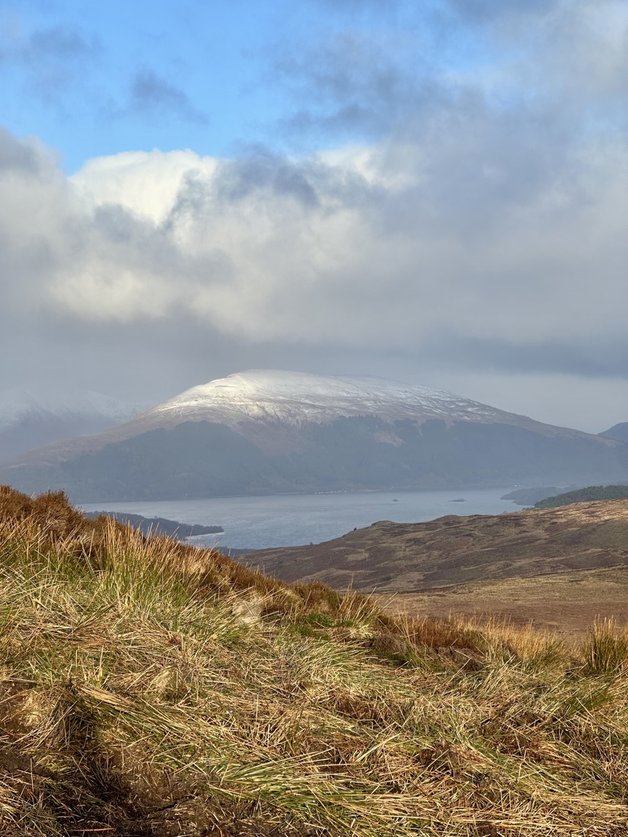 View of snow-capped Ben Lomond above Loch Lomond from Conic Hill on the West Highland Way