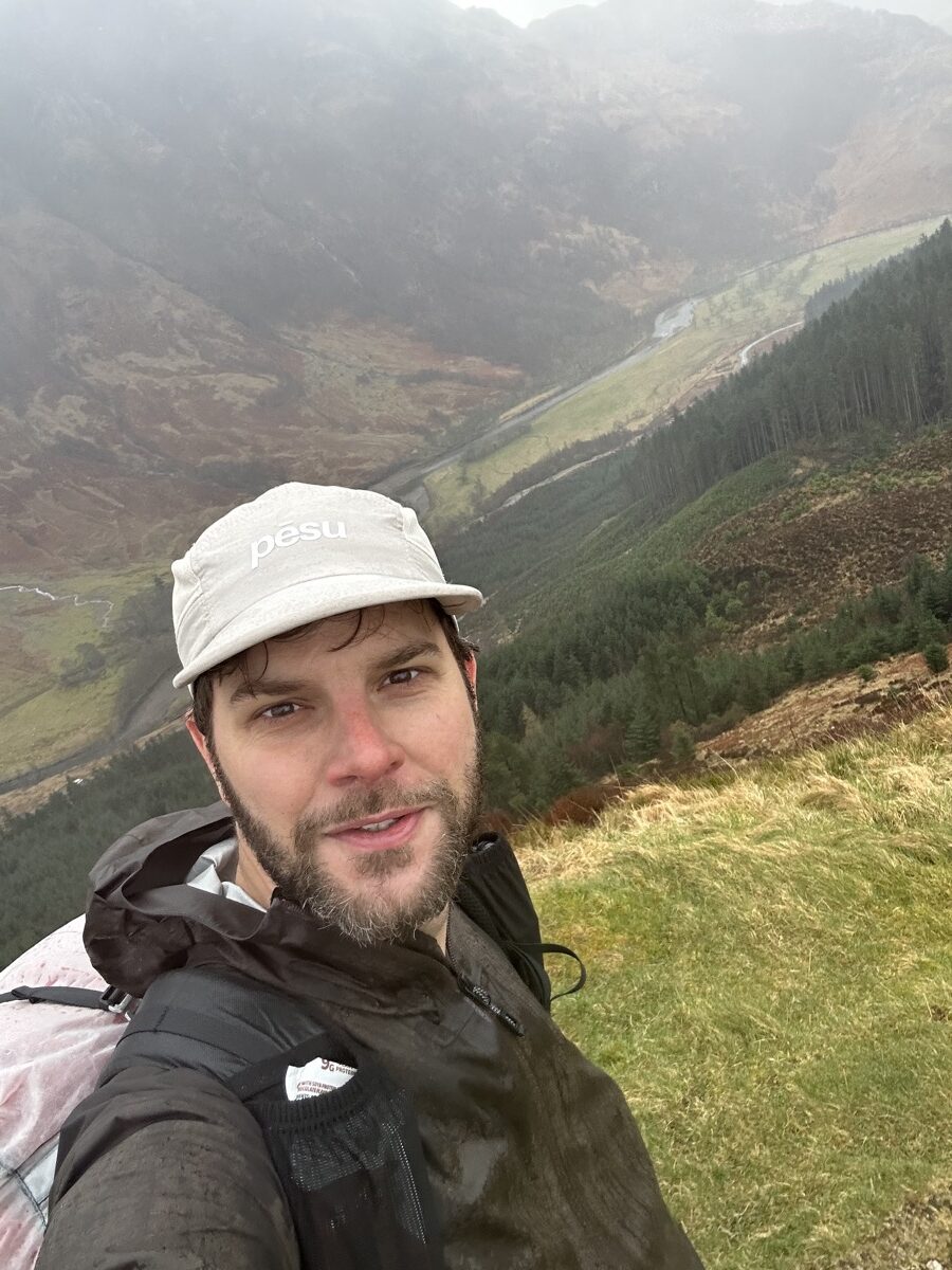 Hiker selfie on the final descent toward Fort William on the last day of the West Highland Way