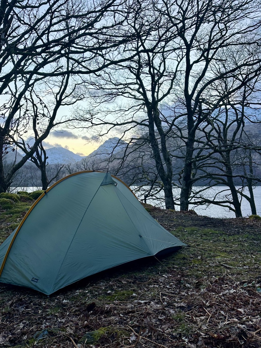 Tarptent Rainbow pitched at a wild camp on the shore of Loch Lomond on the West Highland Way