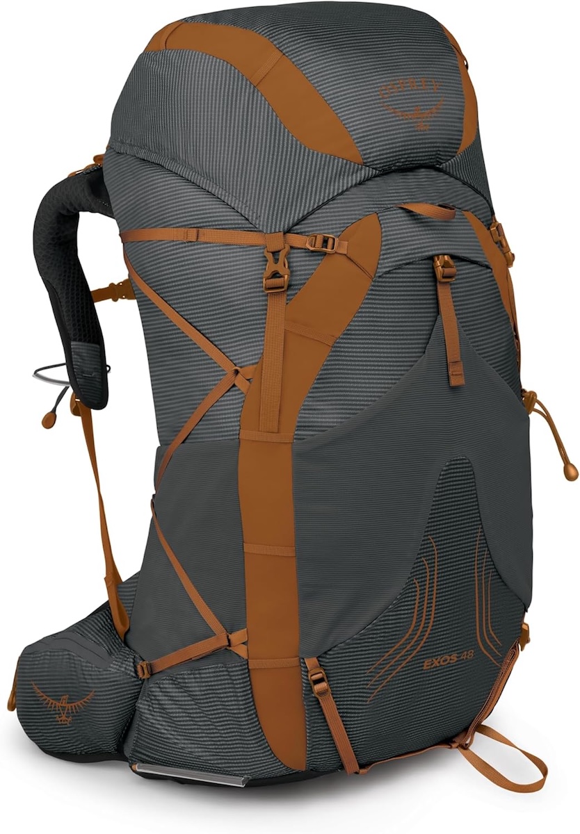 Osprey Exos 48 lightweight backpacking pack in grey and tan, shown from the side