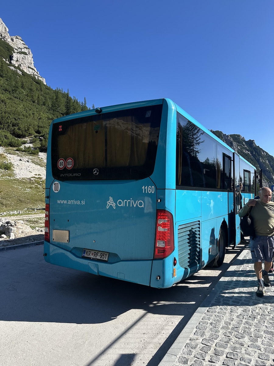 slemenova-spica-vrsic-pass-shuttle-bus The free Arriva shuttle bus at the Vršič Pass stop in Slovenia's Julian Alps.