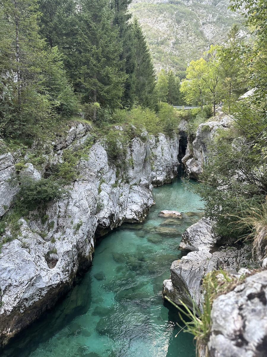 velika-korita-narrow-slot-soca-river A narrow slot section of Velika Korita where the Soča River disappears between white limestone walls.