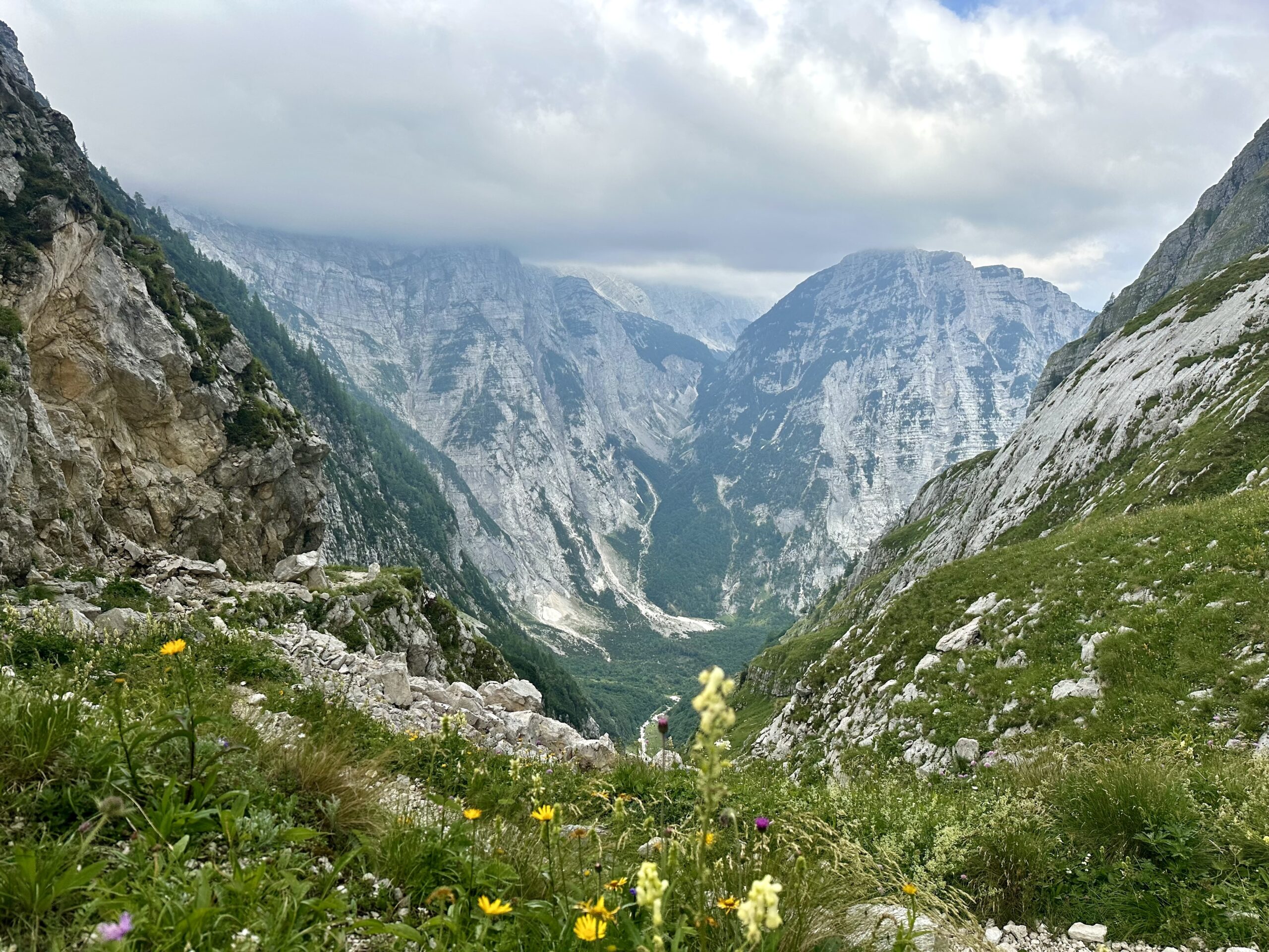 Zadnjica valley panorama Panoramic view down the Zadnjica valley from the trail to Luknja Pass, Soča Valley, Slovenia