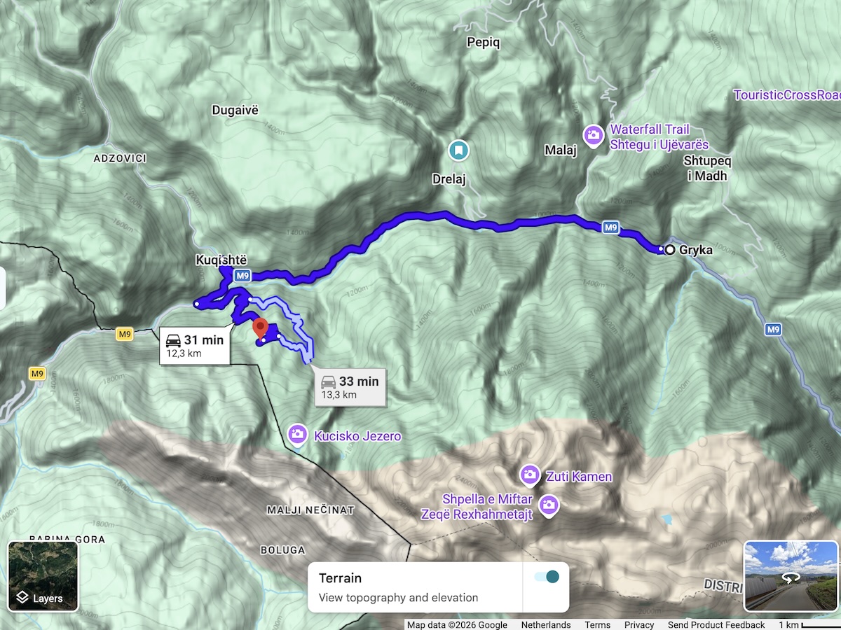 Map of the 12 km drive from Hotel Gryka to Villa Liqenat along the M9 through Kuqishtë in the Rugova Valley, Kosovo, on the Peaks of the Balkans.