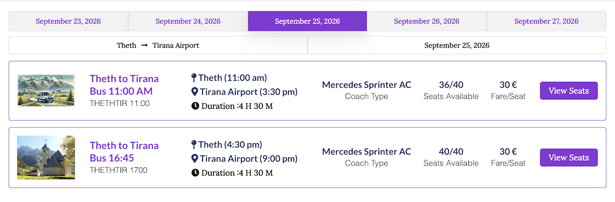 Online booking screen for the Theth to Tirana Airport bus showing departure times, 4 hour 30 minute duration and 30 euro fare.